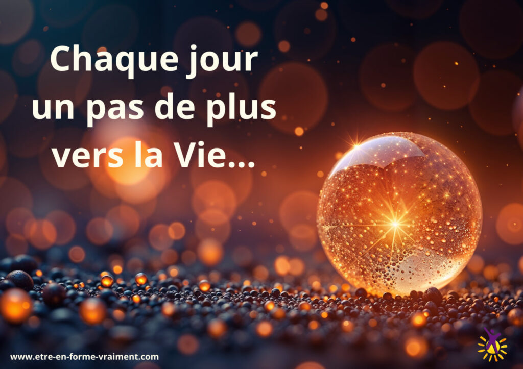 Glowing golden orb on dark beads with inspirational French text.